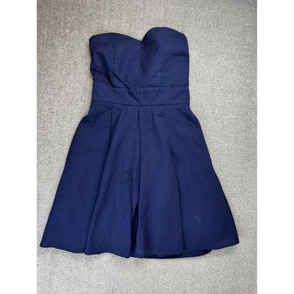 Lauren James Dress Womens Small Navy Blue Seersucker Strapless Bow Back Pockets